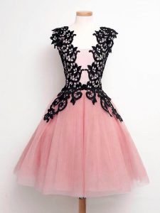 Pink Tulle Lace Up Dama Dress for Quinceanera Sleeveless Knee Length Lace