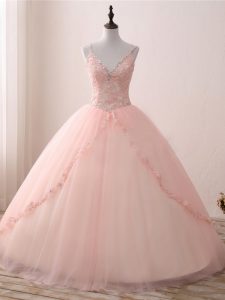 V-neck Sleeveless 15th Birthday Dress Floor Length Beading and Appliques Pink Tulle