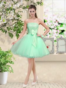 Sleeveless Knee Length Lace and Belt Lace Up Court Dresses for Sweet 16 with Apple Green