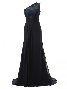 Most Popular Chiffon One Shoulder Sleeveless Brush Train Side Zipper Lace Quinceanera Court Dresses in Black