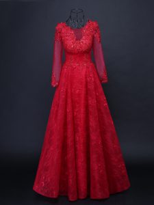 Fancy Long Sleeves Floor Length Lace and Appliques Lace Up Mother Dresses with Red