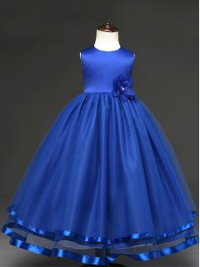 Latest Royal Blue Tulle Zipper Kids Pageant Dress Sleeveless Floor Length Hand Made Flower