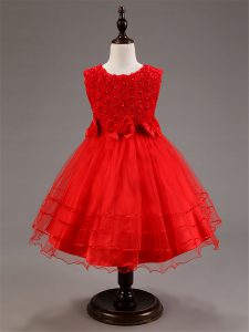 Knee Length Zipper Glitz Pageant Dress Red for Wedding Party with Ruffled Layers and Hand Made Flower