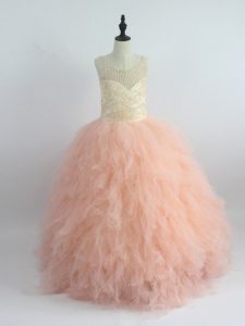 Floor Length Peach Pageant Gowns For Girls Tulle Sleeveless Appliques and Ruffles