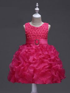Sleeveless Knee Length Ruffles and Belt Lace Up Little Girls Pageant Gowns with Hot Pink