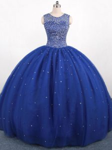 Royal Blue Tulle Zipper Sweet 16 Quinceanera Dress Sleeveless Floor Length Beading
