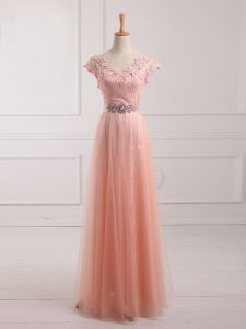 Pretty Peach Short Sleeves Floor Length Beading and Lace and Appliques Lace Up Mother of the Bride Dress