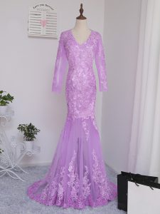 Lilac V-neck Side Zipper Lace and Appliques Mother of Groom Dress Brush Train Long Sleeves