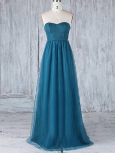 Sweet Sleeveless Tulle Floor Length Side Zipper Quinceanera Dama Dress in Teal with Appliques