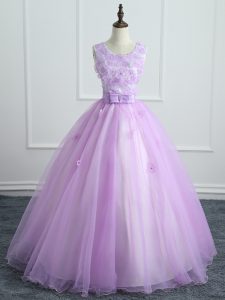 On Sale Lavender Organza Lace Up Quinceanera Dress Sleeveless Floor Length Lace and Appliques and Bowknot