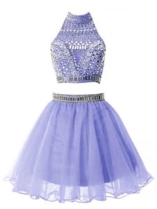 Lavender Quinceanera Dama Dress Party and Wedding Party with Beading High-neck Sleeveless Zipper