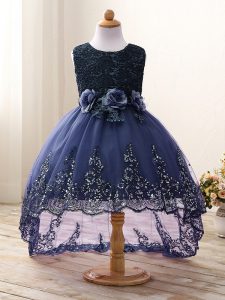 Perfect Navy Blue Ball Gowns Scoop Sleeveless Tulle High Low Zipper Lace and Appliques and Bowknot and Hand Made Flower Kids Formal Wear