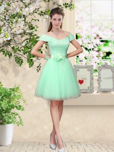 Cheap Apple Green A-line Tulle V-neck Cap Sleeves Belt Knee Length Lace Up Quinceanera Dama Dress