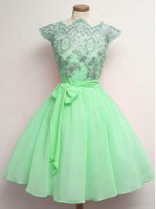 Apple Green A-line Lace and Belt Dama Dress Lace Up Chiffon Cap Sleeves Knee Length