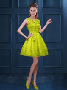 Yellow Green Scoop Zipper Lace and Ruffled Layers Dama Dress for Quinceanera Sleeveless