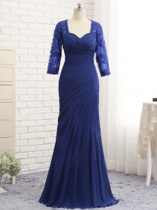 New Style Blue Chiffon Zipper Sweetheart 3 4 Length Sleeve Floor Length Mother of the Bride Dress Beading and Lace and Appliques and Ruching