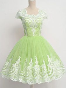 Inexpensive Yellow Green Tulle Zipper Dama Dress for Quinceanera Cap Sleeves Knee Length Lace