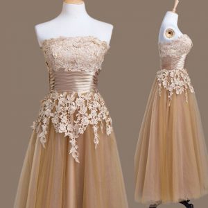 Delicate Strapless Sleeveless Tulle Quinceanera Court of Honor Dress Appliques Lace Up