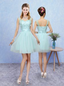 Glittering Mini Length A-line Sleeveless Aqua Blue Quinceanera Court of Honor Dress Lace Up