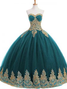 Tulle Sweetheart Sleeveless Lace Up Appliques Ball Gown Prom Dress in Teal