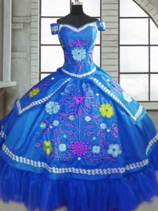 Suitable Taffeta Sweetheart Short Sleeves Lace Up Beading and Embroidery Quinceanera Gowns in Blue