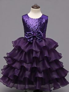 Lovely Scoop Sleeveless Pageant Gowns Tea Length Ruffled Layers and Sequins Dark Purple Organza