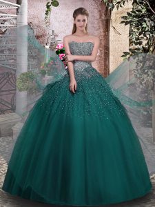 Designer Dark Green Tulle Lace Up Strapless Sleeveless Floor Length Quinceanera Dress Beading