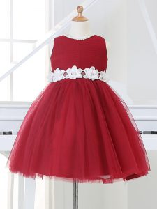 Gorgeous Wine Red Ball Gowns Appliques Little Girl Pageant Gowns Zipper Tulle Sleeveless Knee Length