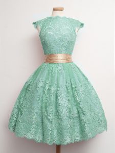 Pretty Ball Gowns Court Dresses for Sweet 16 Turquoise Square Lace Cap Sleeves Knee Length Lace Up