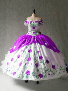 Deluxe White And Purple Lace Up Ball Gown Prom Dress Embroidery and Ruffles Cap Sleeves Floor Length