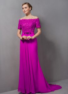 Most Popular Fuchsia Short Sleeves Lace Zipper Mother Dresses