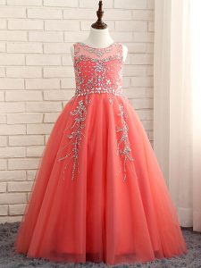 Best A-line Little Girls Pageant Dress Wholesale Watermelon Red Scoop Tulle Sleeveless Floor Length Zipper