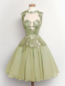 Best Selling Olive Green A-line Chiffon High-neck Sleeveless Lace Knee Length Lace Up Dama Dress for Quinceanera