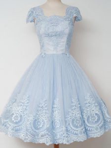 Square Cap Sleeves Quinceanera Court Dresses Knee Length Lace Light Blue Tulle