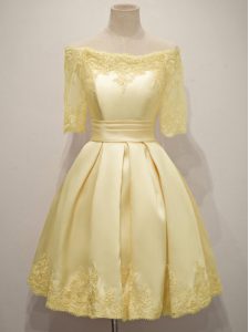 Captivating Yellow Lace Up Off The Shoulder Lace Court Dresses for Sweet 16 Taffeta Half Sleeves