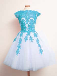 Spectacular Knee Length Blue And White Quinceanera Dama Dress Tulle Sleeveless Appliques
