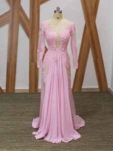Charming Baby Pink Chiffon Zipper Scoop Long Sleeves Mother of Bride Dresses Brush Train Lace and Appliques