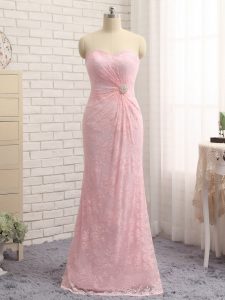 Baby Pink Column/Sheath Lace Sweetheart Sleeveless Beading and Lace and Appliques Floor Length Zipper Mother of Groom Dress