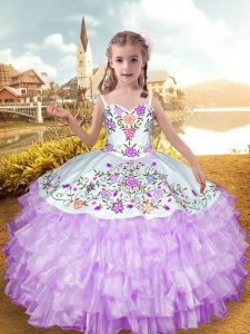 Embroidery and Ruffled Layers Kids Formal Wear Lilac Lace Up Sleeveless Floor Length