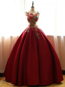 Edgy Appliques Quince Ball Gowns Wine Red Lace Up Sleeveless Floor Length