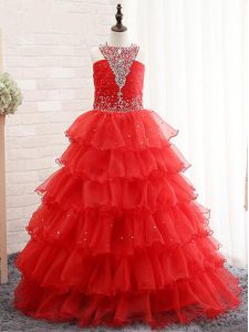 Red Lace Up Halter Top Beading and Ruffled Layers Kids Pageant Dress Organza Sleeveless