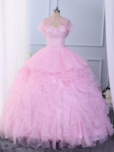 Pink Sweetheart Neckline Beading and Ruffles 15 Quinceanera Dress Sleeveless Lace Up
