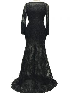 Inexpensive Bateau Long Sleeves Mother of the Bride Dress Brush Train Lace and Belt Black Lace