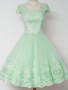 Flare Knee Length Zipper Court Dresses for Sweet 16 Apple Green for Prom and Party and Wedding Party with Lace