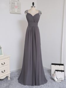 Custom Made Zipper Quinceanera Dama Dress Grey for Prom and Party and Wedding Party with Lace and Ruching Brush Train