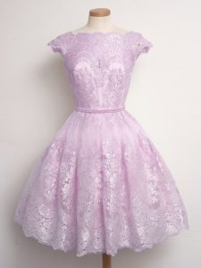 Fantastic Cap Sleeves Lace Knee Length Lace Up Quinceanera Court Dresses in Lilac with Lace