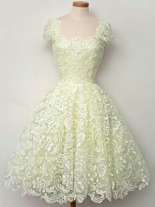 Yellow Lace Up Dama Dress for Quinceanera Lace Cap Sleeves Knee Length