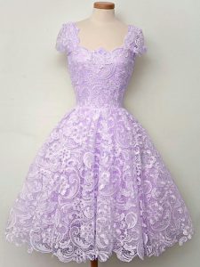 Lavender Lace Up Quinceanera Court Dresses Lace Cap Sleeves Knee Length