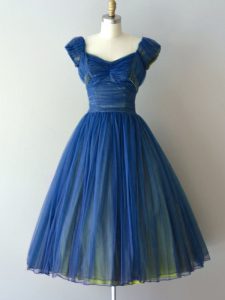 Glorious Blue Cap Sleeves Chiffon and Tulle Lace Up Quinceanera Court Dresses for Prom and Party and Military Ball and Sweet 16