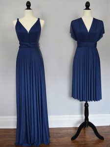 Floor Length Empire Sleeveless Navy Blue Quinceanera Court of Honor Dress Lace Up